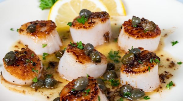 Pan-Seared Scallops with Garlic Flower Caper Sauce