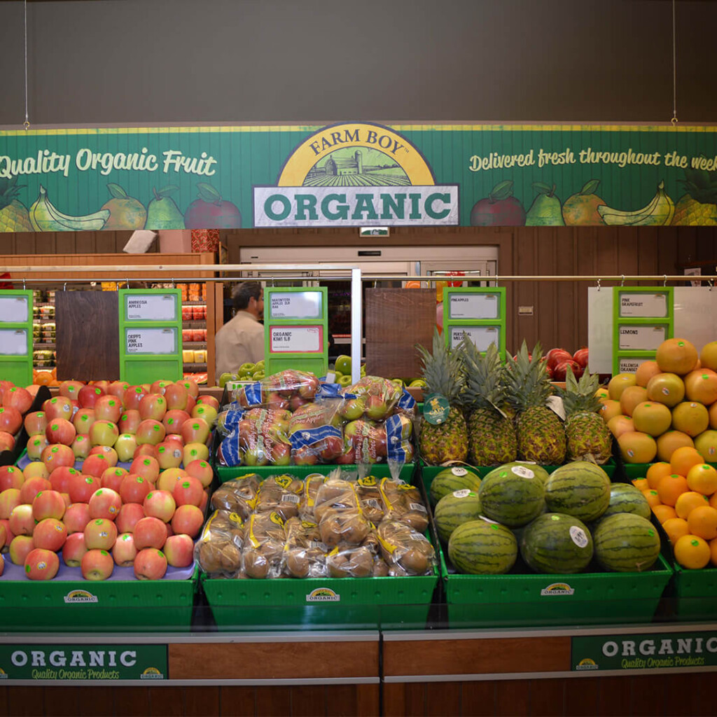 Organic Produce section inside Farm Boy Dupont grocery store, Toronto.