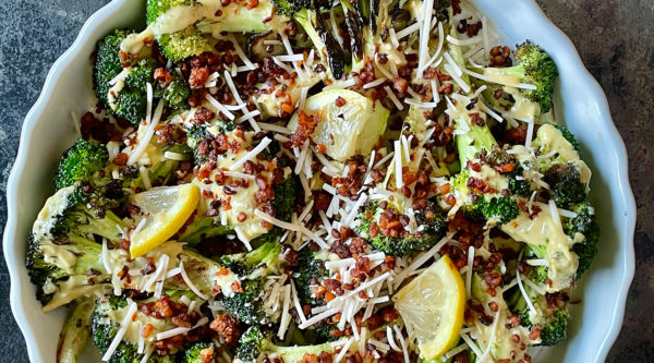 Vegan Grilled Broccoli Caesar Salad with “Bacon Bits”