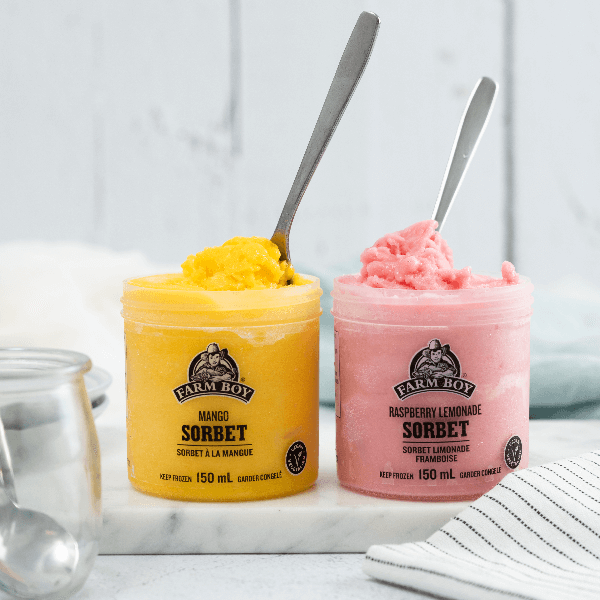 Two containers of Farm Boy Sorbet with spoons