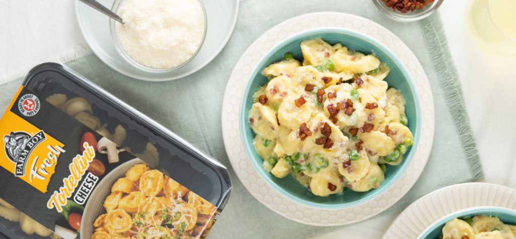 Cheese Tortellini with spring peas and pancetta