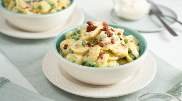 Creamy Tortellini with Peas and Pancetta