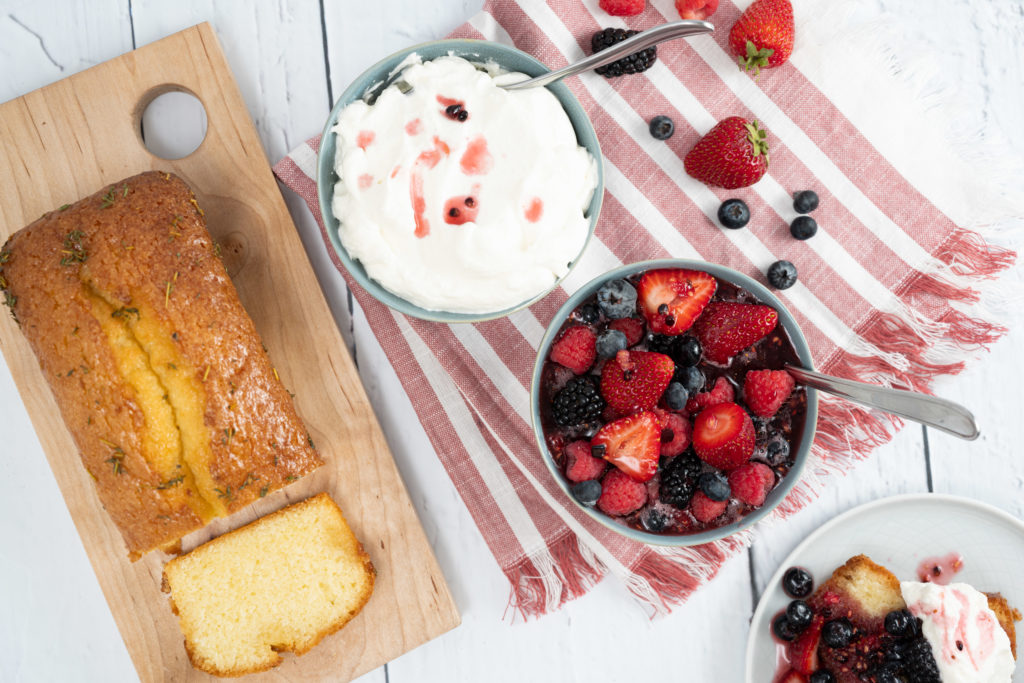 macerated berries with whipped cream and loaf cake