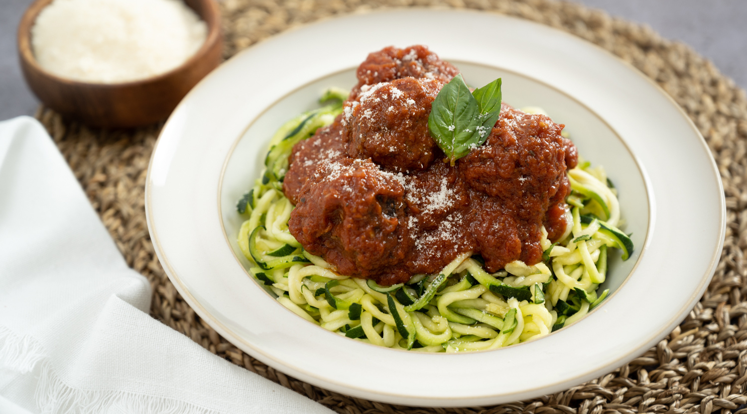 Meatballs in Tomato Sauce with Zucchini Noodles