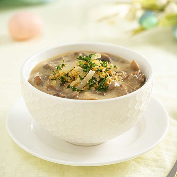 Creamy Mushroom Soup topped with a savoury Truffle Parmigiano Crumb