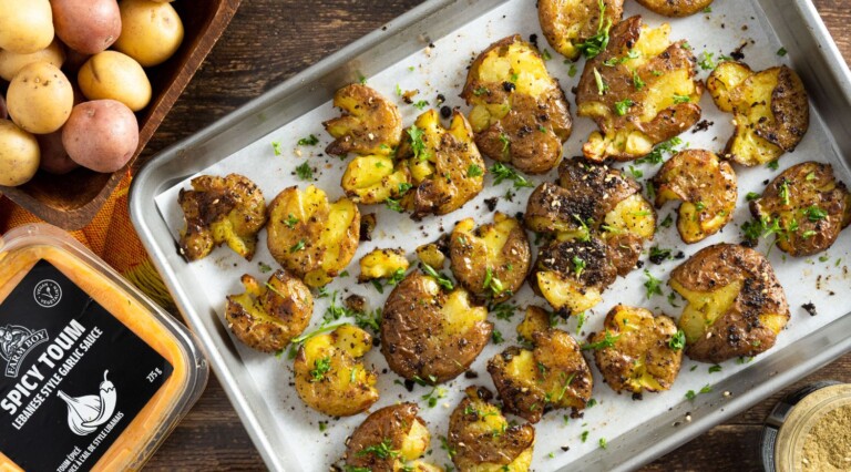 Crispy Smashed Potatoes with Spicy Toum