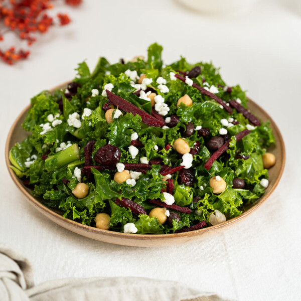 Harvest Cranberry Kale Salad that’s full of fresh and crisp textures with a mix of kale, chickpeas, and beets. Included is a sweet and tangy, Balsamic Vinaigrette.