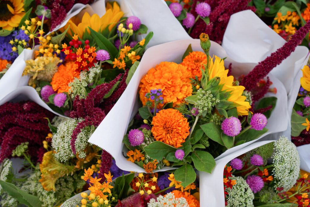 Bouquets of flowers.