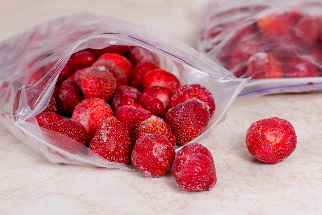 Frozen strawberries in a sealed bag