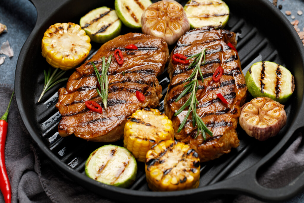 Steak and vegetables cooked in grill pan