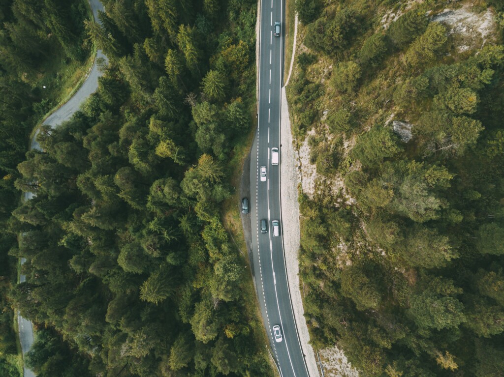 Aerial shot of Canadian road with cars