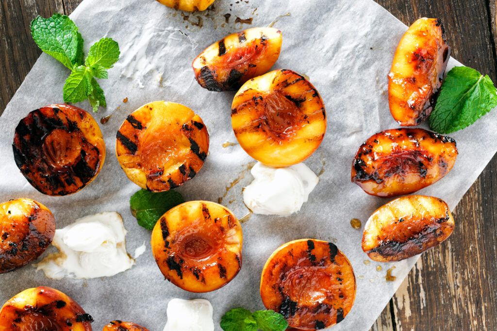 Honey Grilled Peaches with mint and Greek yogurt.