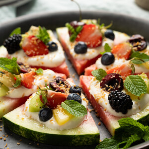 Fruity Watermelon Pizza with topping and garnish.