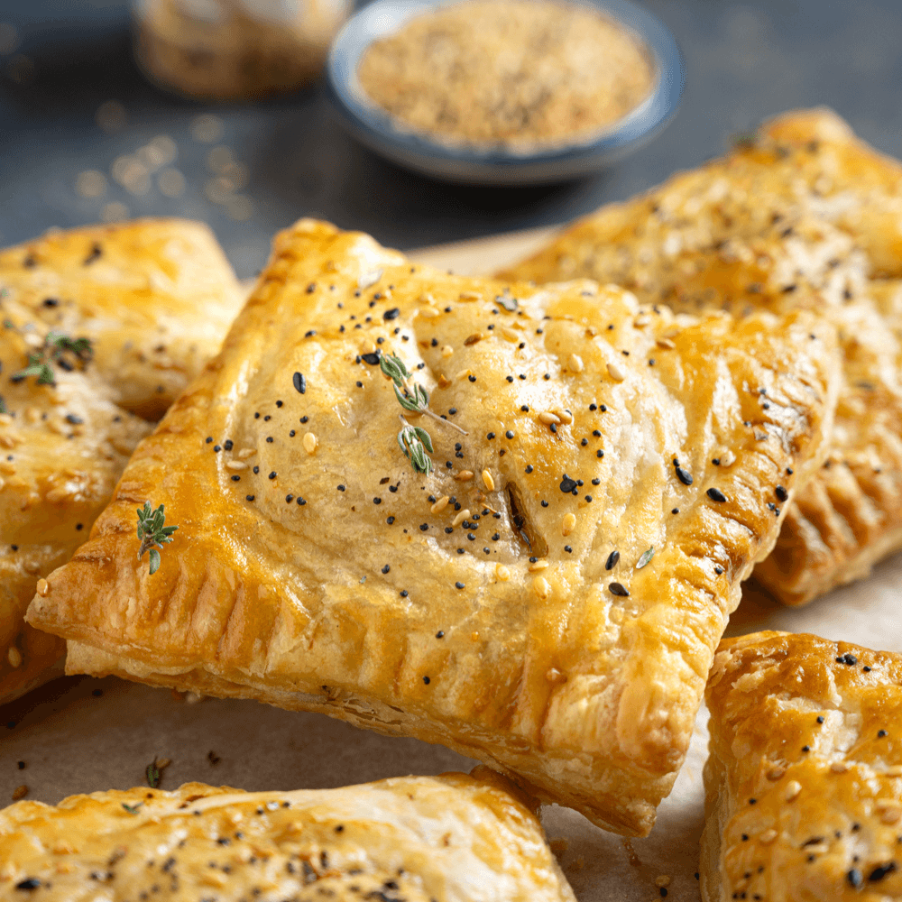Close up of homemade hand pies sprinkled with everything bagel seasoning