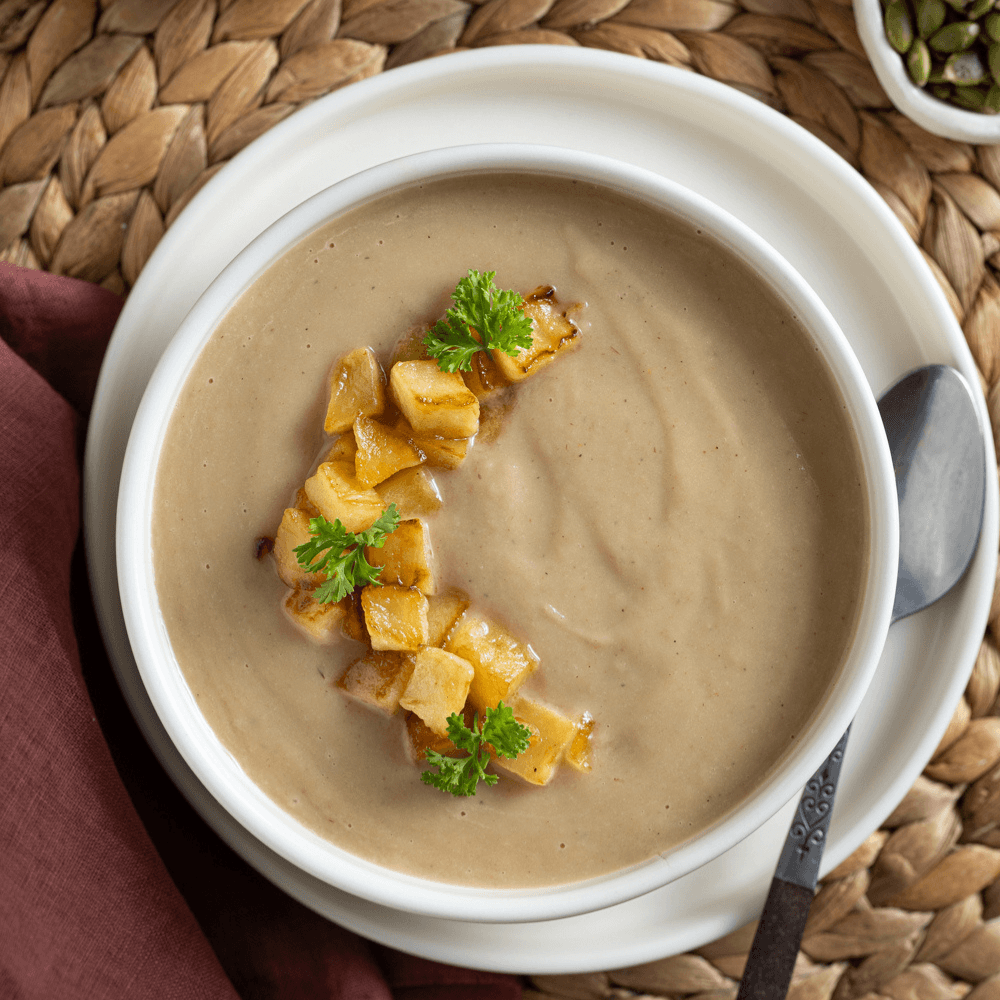 Overhead image of white bowl filled with creamy soup garnished with chunks of baked apple