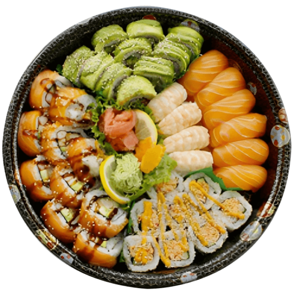 The Ah-So Emerald Platter—a mix of vibrant flavors and textures in every bite. This sushi selection promises a visually appealing and delicious experience, carefully crafted for your enjoyment. 10 Orange Dragon Maki 10 Green Dragon Maki 8 Spicy Crab Maki 6 Salmon Nigiri 6 Shrimp Nigiri