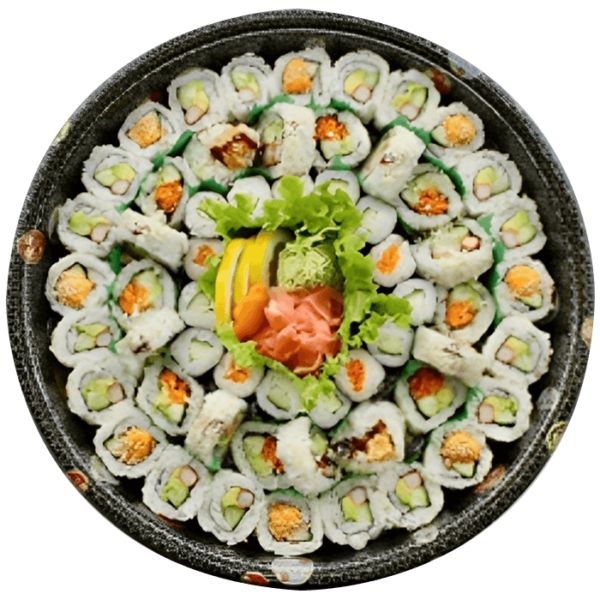 The Ah-So Gold Platter is a sushi sensation designed to delight. Dive into a delectable assortment of hand-rolled goodness, featuring: 16 California Maki 8 Spicy Crab Maki 8 Vegetarian Maki 10 Dynamite Maki 10 Cucumber Maki 8 Carrot/Assorted Maki