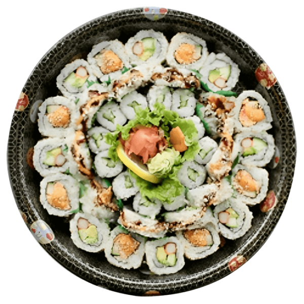 Ah-So Silver Sushi platter, a flavourful ensemble designed to elevate your sushi cravings • 8 California Maki • 8 Spicy Crab Maki • 10 Dynamite Maki • 12 Cucumber Maki