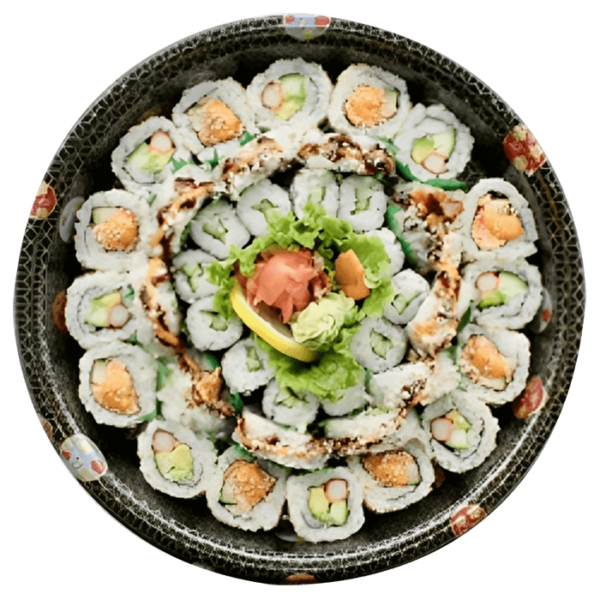 Ah-So Silver Sushi platter, a flavourful ensemble designed to elevate your sushi cravings • 8 California Maki • 8 Spicy Crab Maki • 10 Dynamite Maki • 12 Cucumber Maki