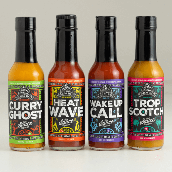 Lineup of Farm Boy Fusion Hot Sauces