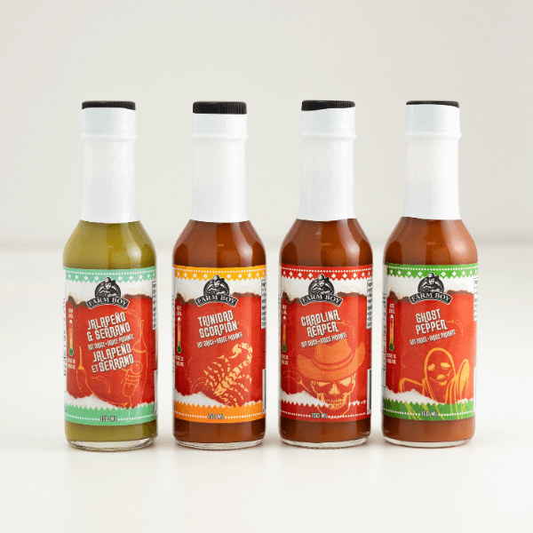 Lineup of Farm Boy Hot Sauces