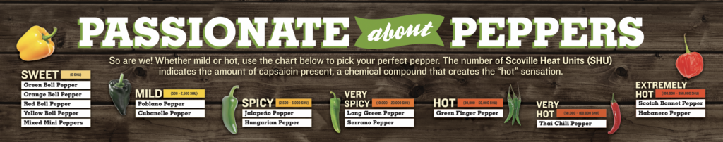 Chili Peppers seasonally carried in store with spice scale.