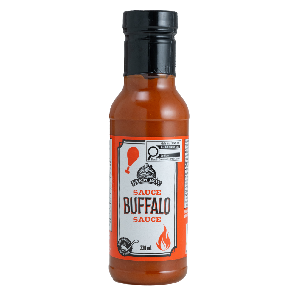 Bottle of Farm Boy Buffalo Sauce on white background