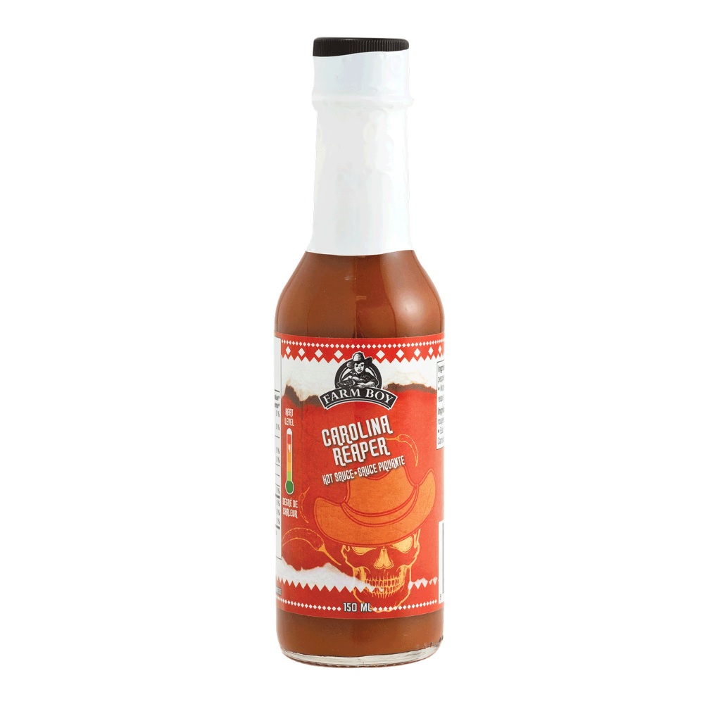 Bottle of Farm Boy Carolina Reaper Hot Sauce on white background
