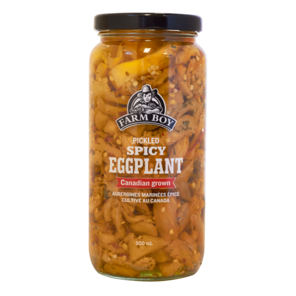 Jar of Farm Boy Spicy Pickled Eggplant on white background