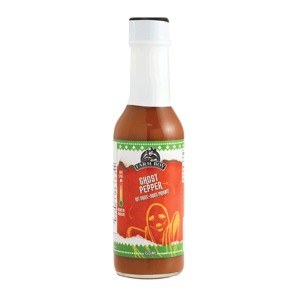 Bottle of Farm Boy Ghost Pepper Hot Sauce on white background