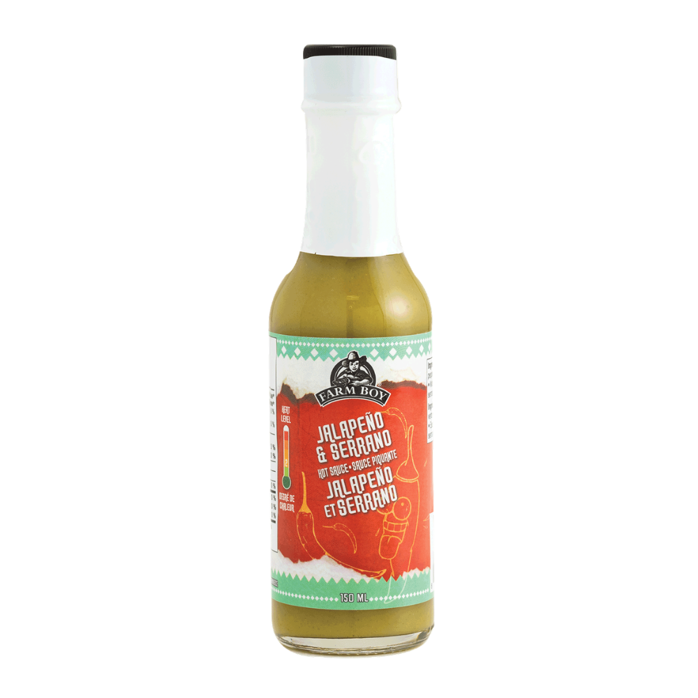Bottle of Farm Boy Jalapeno and Serrano Hot Sauce on white background