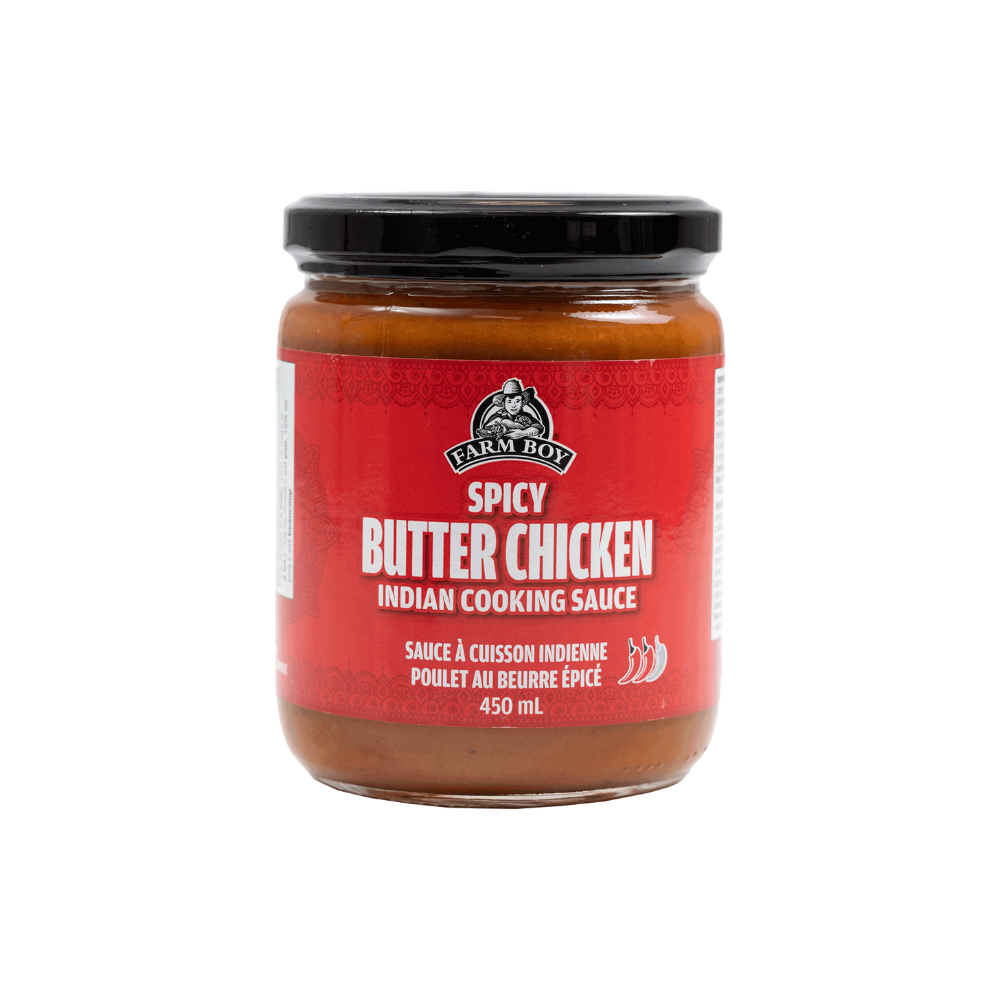 Jar of Farm Boy Spicy Butter Chicken Cooking Sauce on white background
