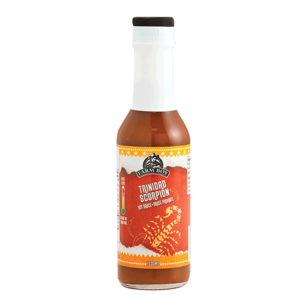 Bottle of Farm Boy Trinidad Scorpion Hot Sauce on white background