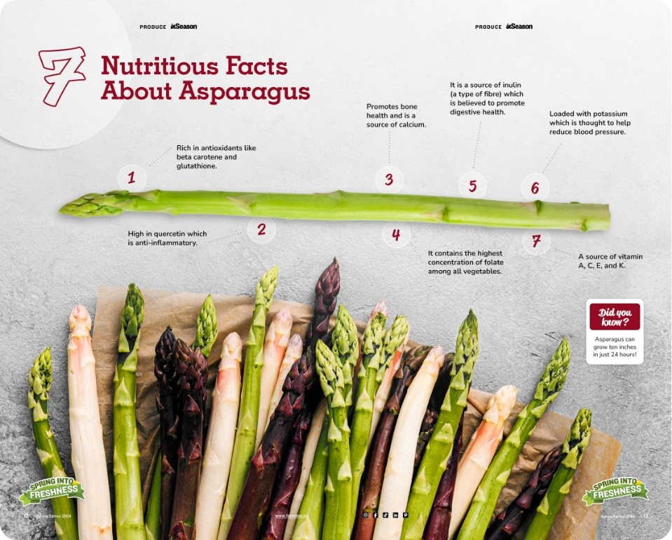 Asparagus info chart explaining 7 nutritional facts about Asparagus. 
