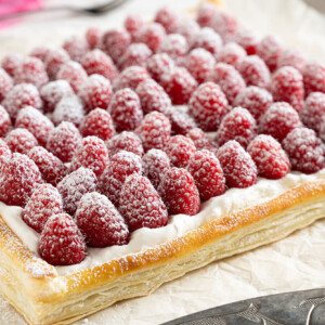 Creamy Raspberry Tart with a Whisper of Icing Sugar.