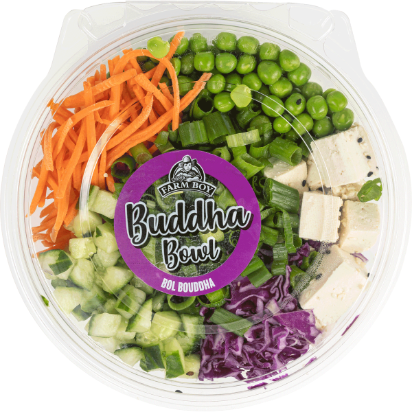 Farm Boy™ Buddha Bowl. The bowl container shredded carrots, peas, chopped cucumber, tofu cubes, and red cabbage visible.