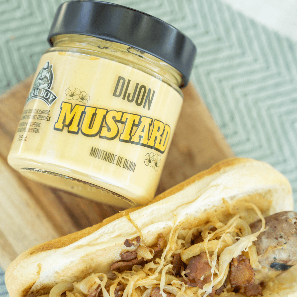 Overhead image of jar of Farm Boy Dijon Mustard