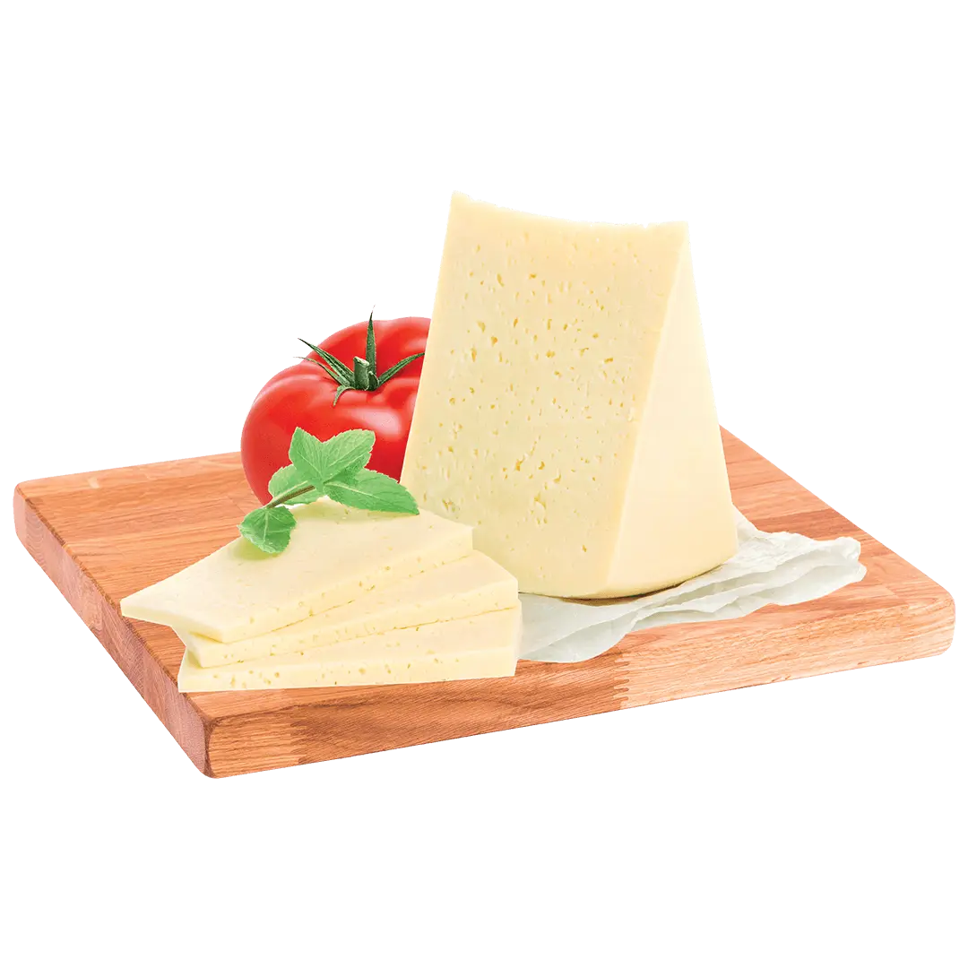 A slice of Havarti cheese on a serving board. 