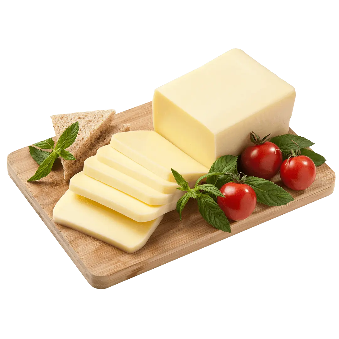 Slices of Mozzarella cheese on a board. 