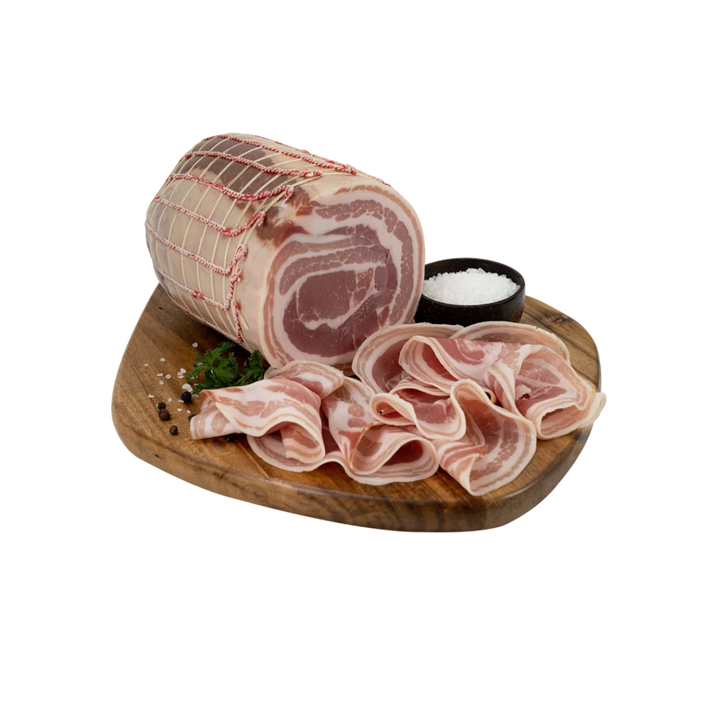 Slices of Mild Pancetta on a serving board.