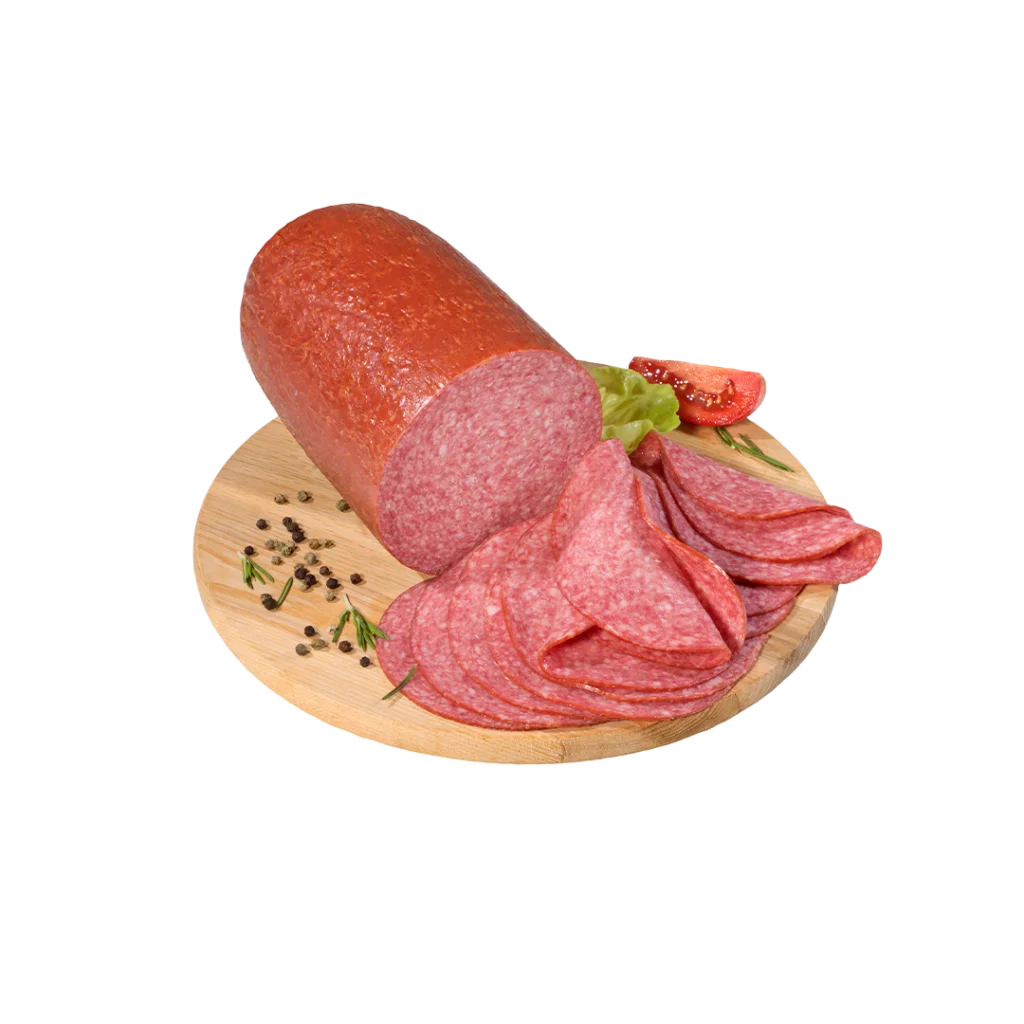 Salami sliced into thin slices on a serving board. 