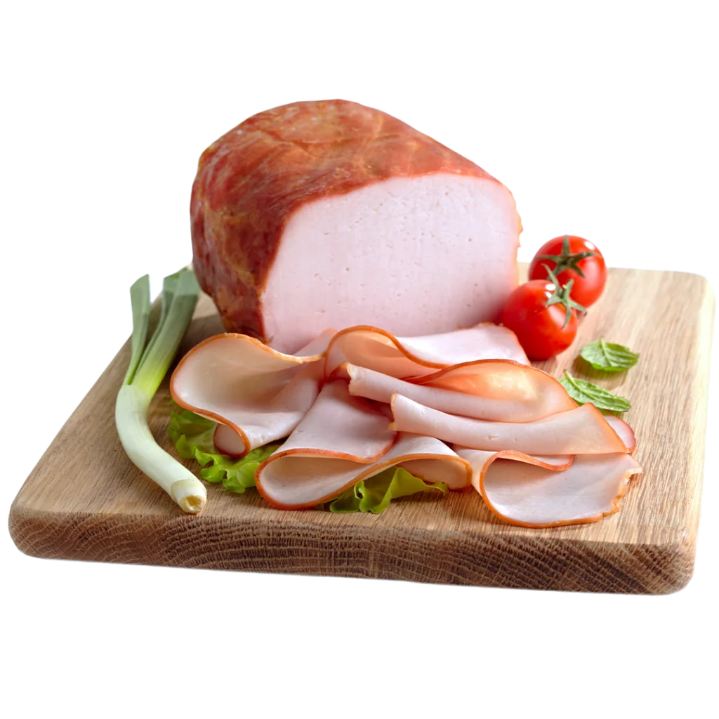 A Whole Deli Turkey Meat sliced into thin slices placed on a board. 