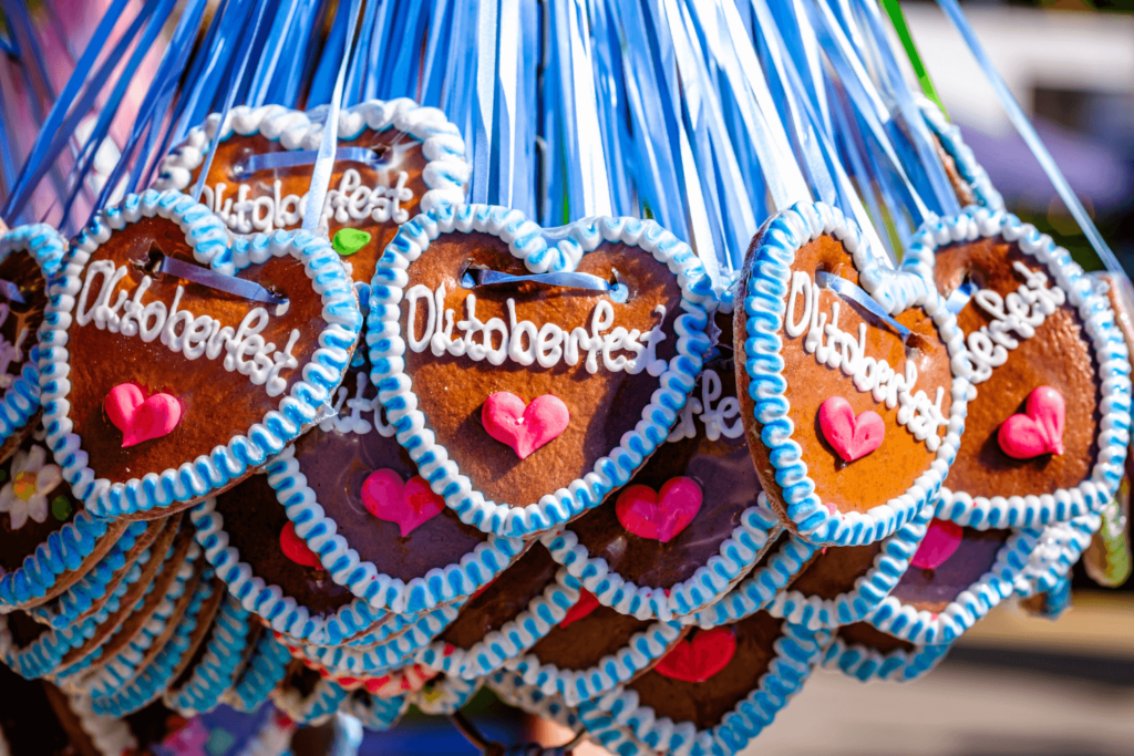 Hanging decorated heart-shaped gingerbread cookies at Oktoberfest in Munich.