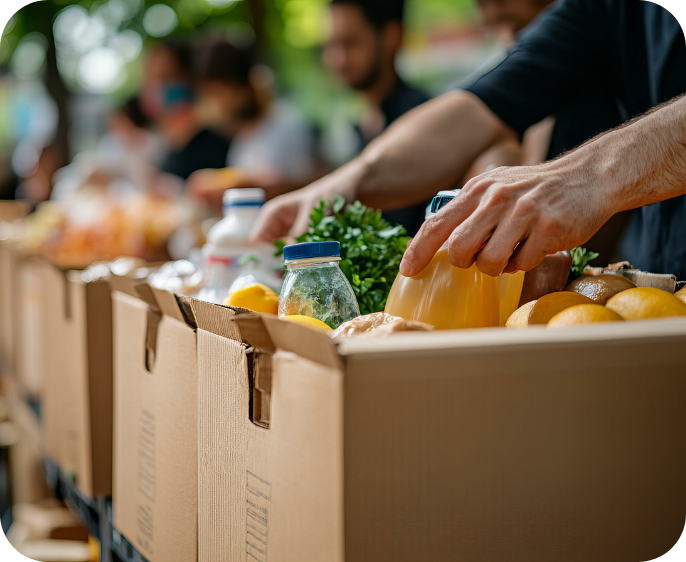 person placing food into a box along with others in the background
