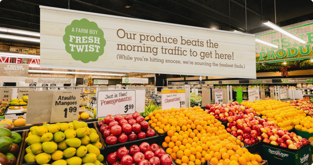A sign hanging in a Farm Boy store talking about how cruffies are made fresh in-stores.