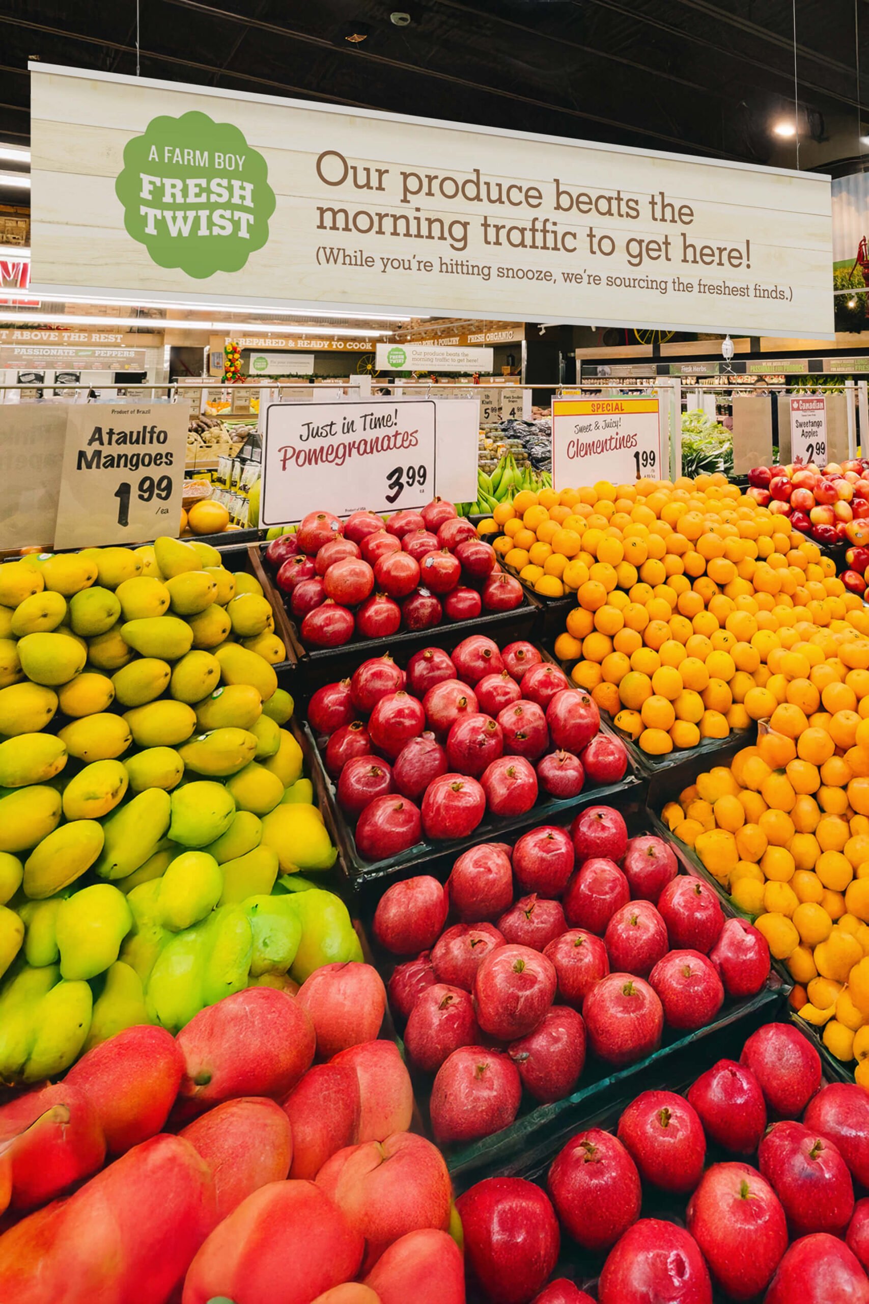 Sign hanging in a store talking about how our produce beats morning traffic getting into Farm Boy stores.