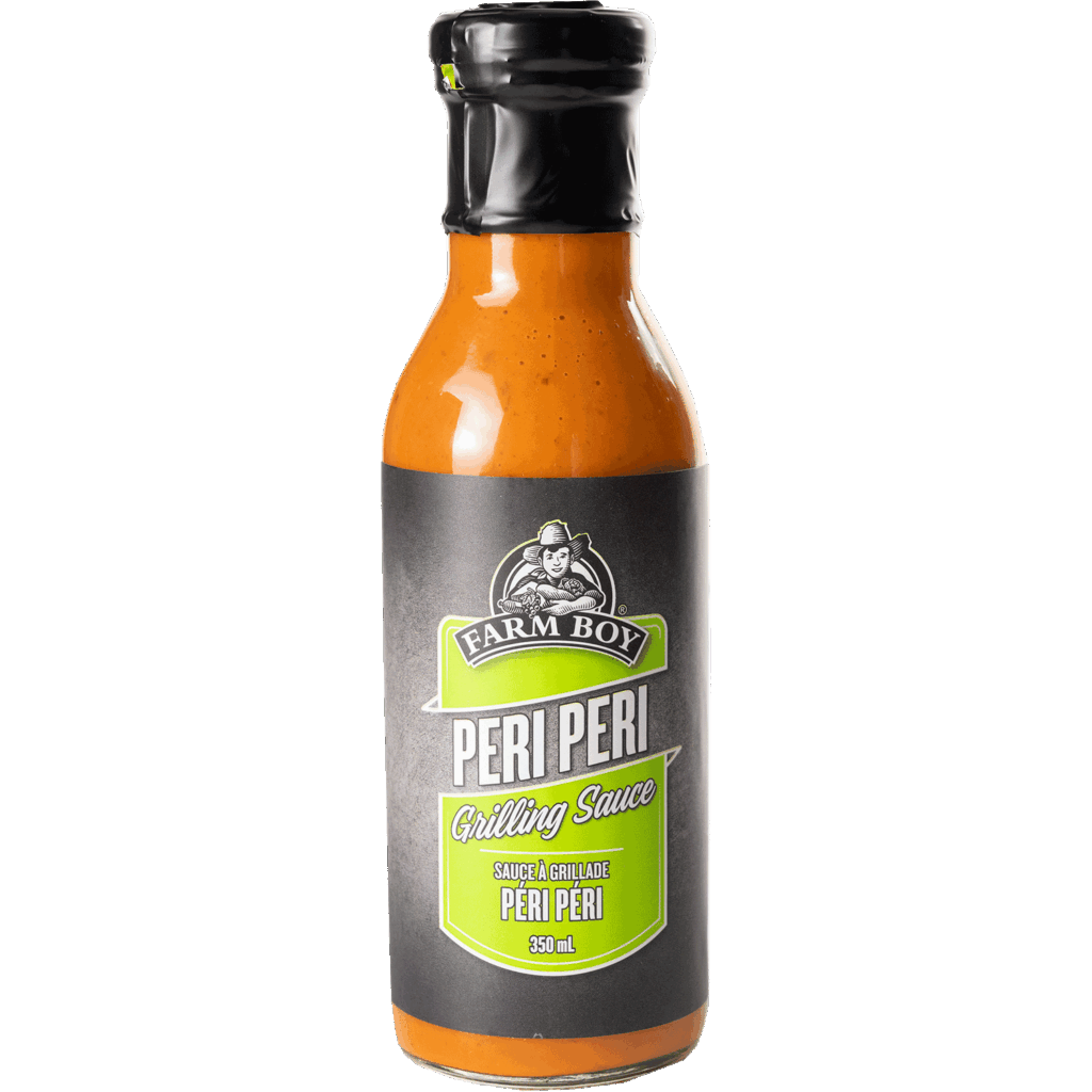 Bottle of Farm Boy Peri Peri Sauce on white background