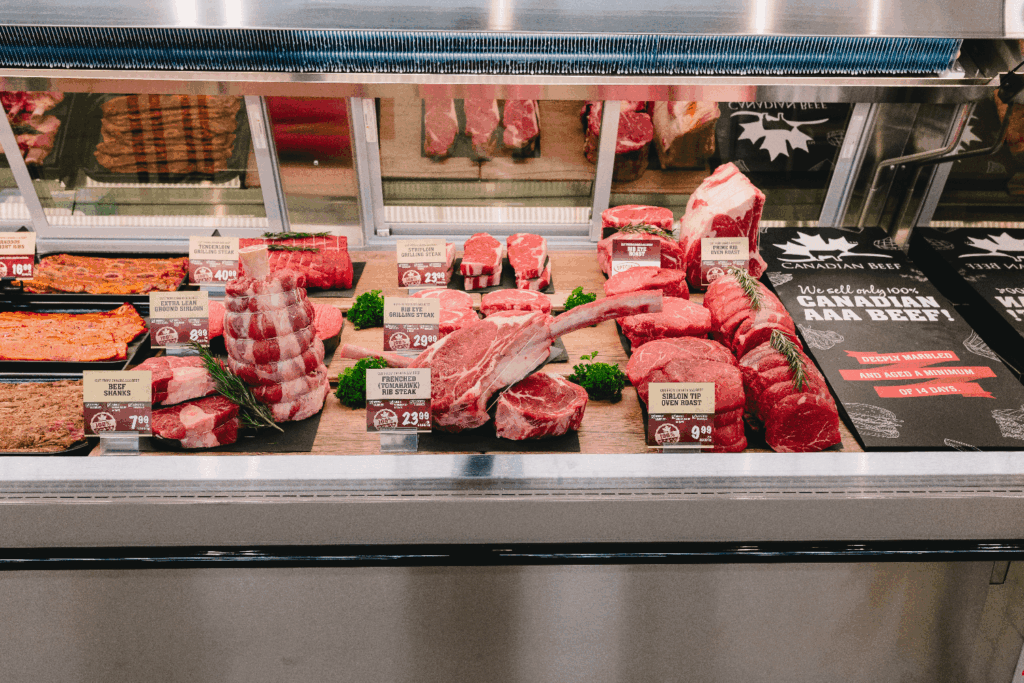 Selection of fresh beef cuts in Farm Boy Butcher Shop