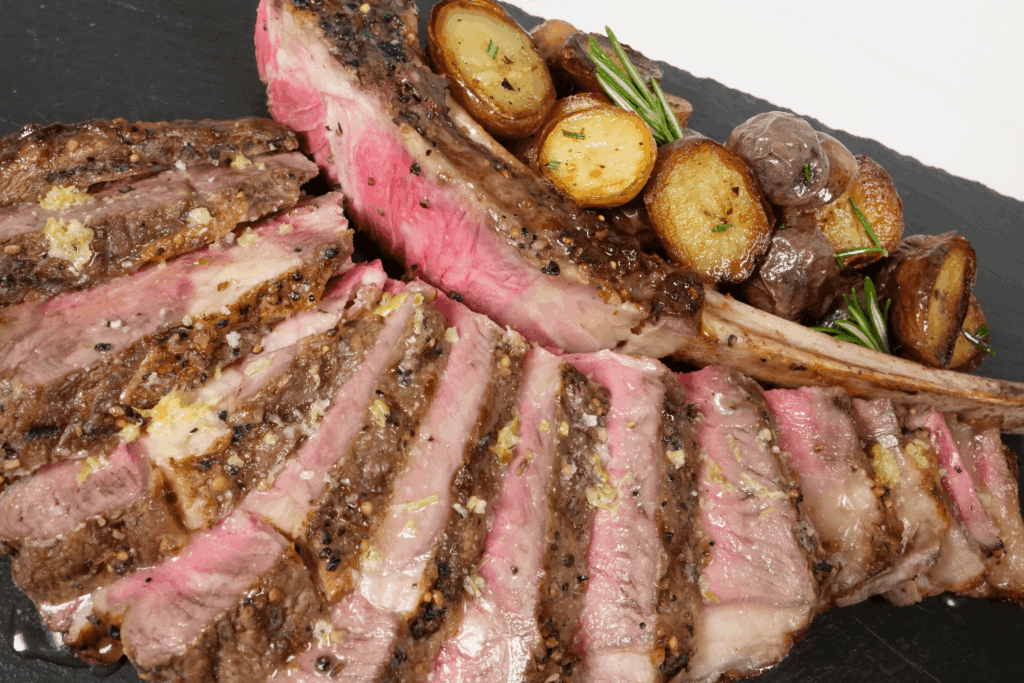 Frenched bone-in beef rib steak with baby potatoes