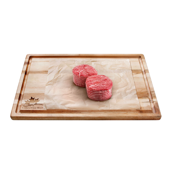 Cutting board with two top sirloin medallions